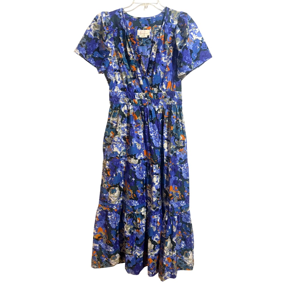 Anthropologie Somerset Maxi Dress M Blue Abstract Floral Cotton Tiered Excellent